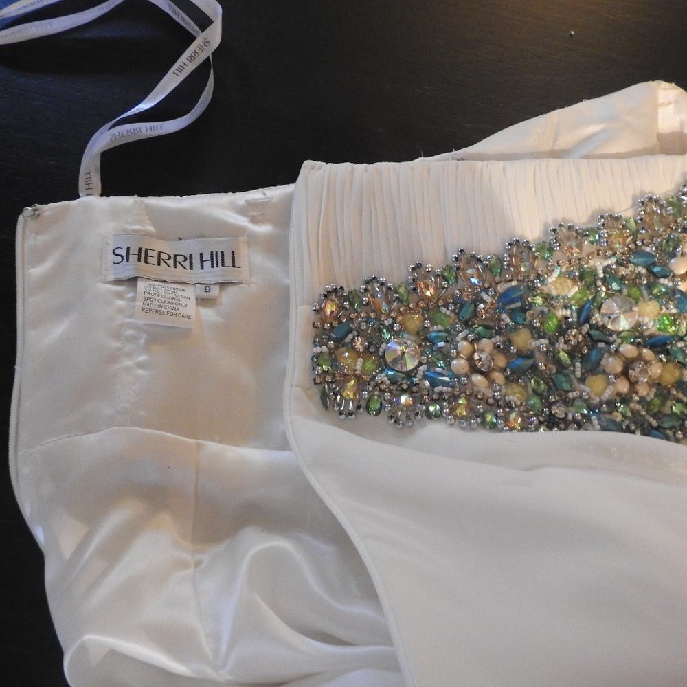 White Sherri Hill Jewel Encrusted Gown teal silver - Picture 10 of 15